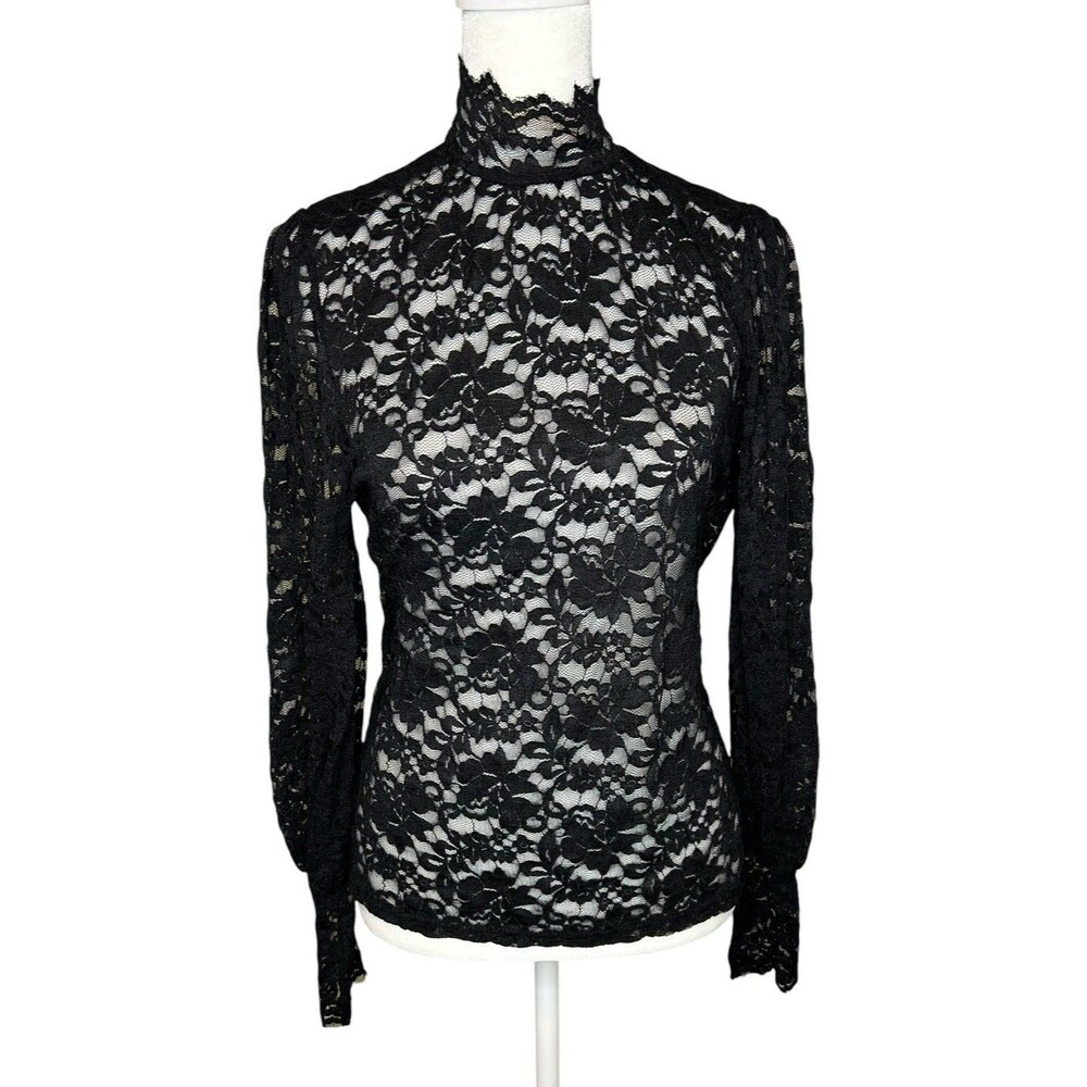 Sheer Black Floral Lace Top Small High Neck Victorian Whimsigoth Romantic Witchy
